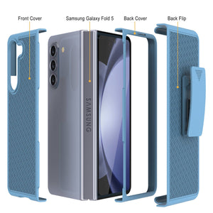 Galaxy Z Fold5 Case With Tempered Glass Screen Protector, Holster Belt Clip & Built-In Kickstand [Blue]