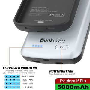 iPhone 15 Plus Battery Case, PunkJuice 5000mAH Fast Charging Power Bank W/ Screen Protector | [White]