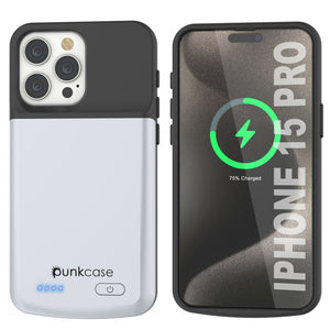 iPhone 15 Pro Battery Case, PunkJuice 5000mAH Fast Charging Power Bank W/ Screen Protector | [White]