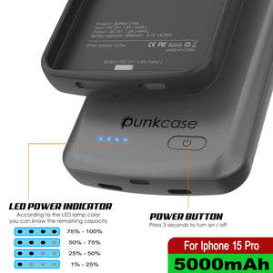 iPhone 15 Pro Battery Case, PunkJuice 5000mAH Fast Charging Power Bank W/ Screen Protector | [Grey]