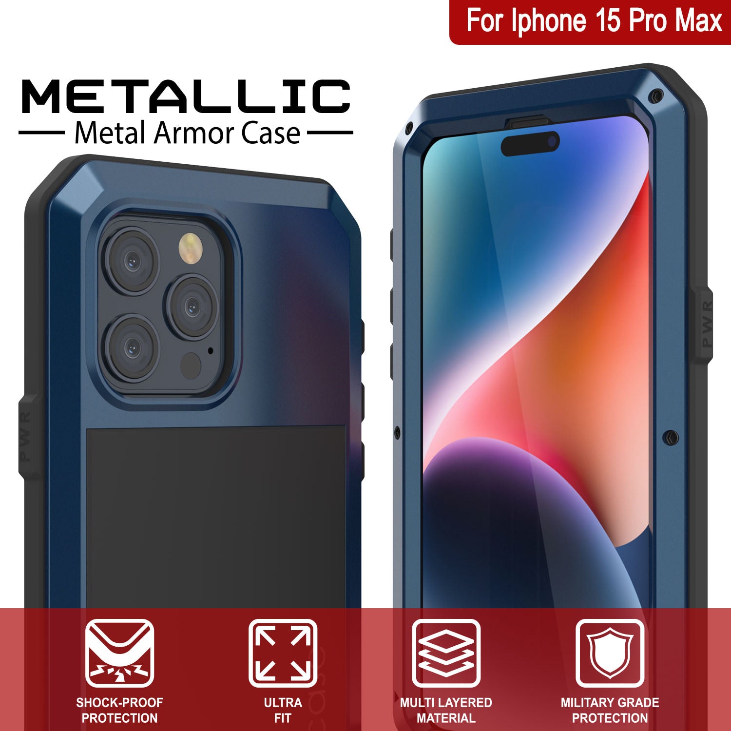 iPhone 15 Pro Max Metal Case, Heavy Duty Military Grade Armor Cover [shock proof] Full Body Hard [Blue]