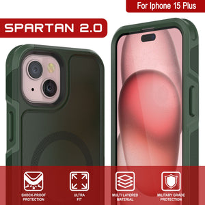 PunkCase iPhone 15 Plus Case, [Spartan 2.0 Series] Clear Rugged Heavy Duty Cover W/Built in Screen Protector [dark green]