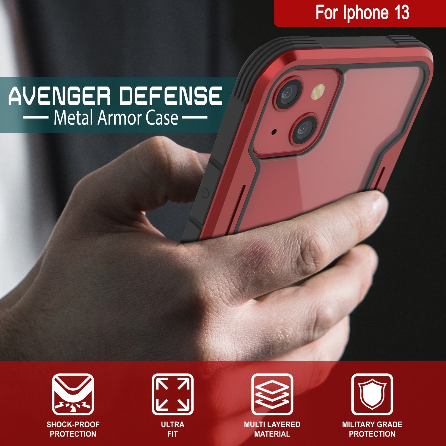 Punkcase iPhone 13 Ravenger Case Protective Military Grade Multilayer Cover [Red]