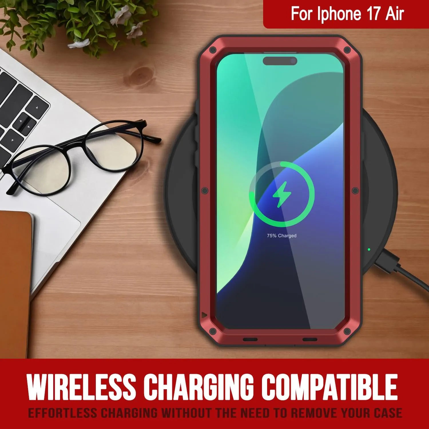 iPhone 17 Air Metal Case, Heavy Duty Military Grade Armor Cover [shock proof] Full Body Hard [Red]