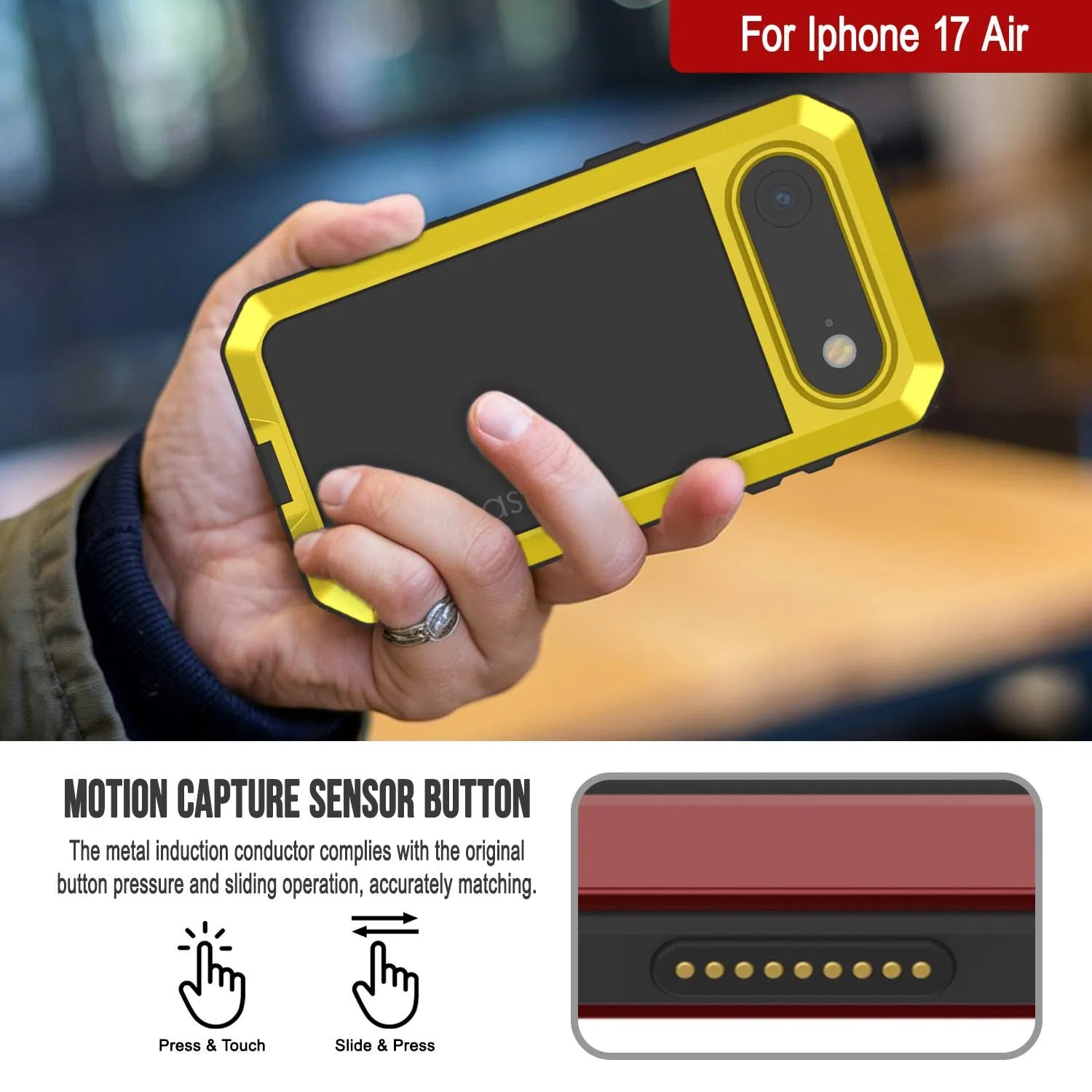 iPhone 17 Air Metal Case, Heavy Duty Military Grade Armor Cover [shock proof] Full Body Hard [Yellow]