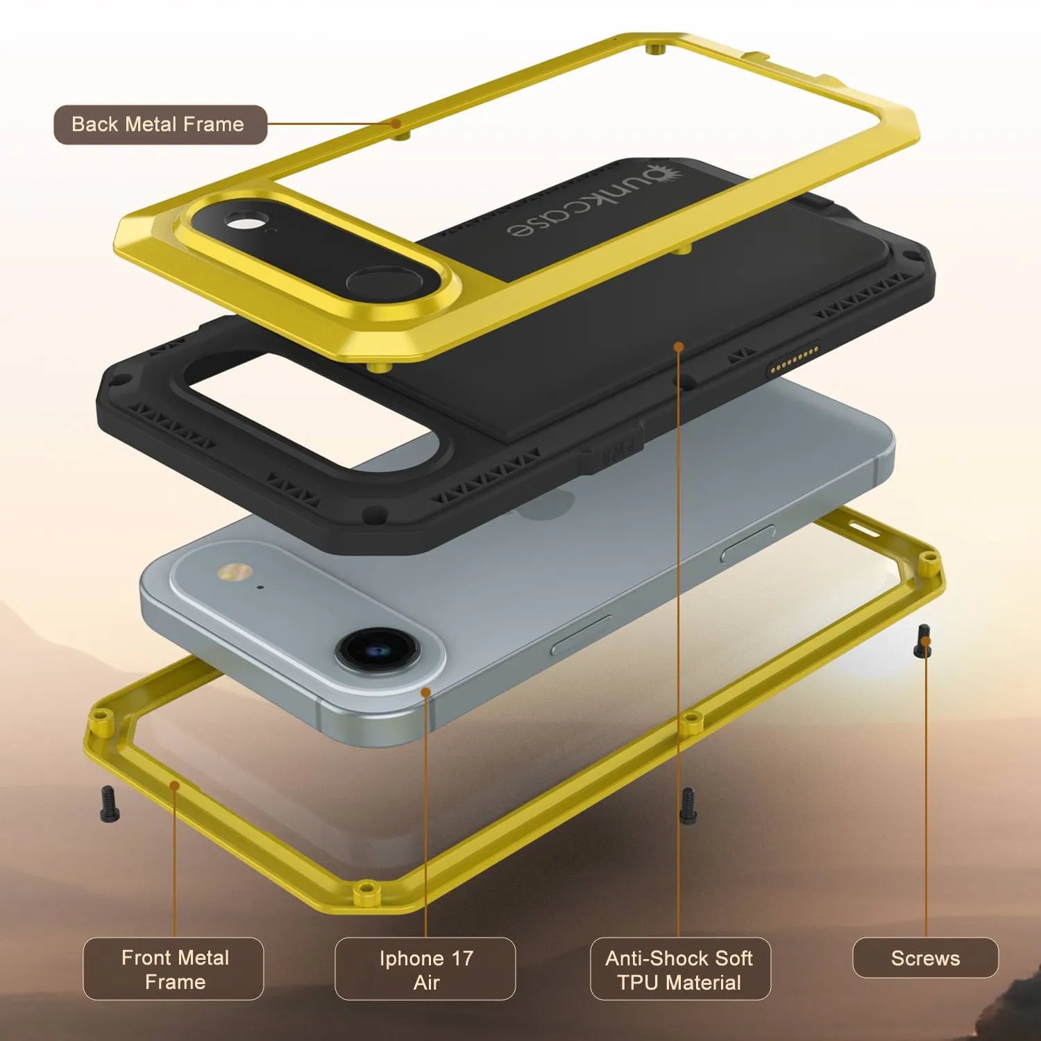 iPhone 17 Air Metal Case, Heavy Duty Military Grade Armor Cover [shock proof] Full Body Hard [Yellow]
