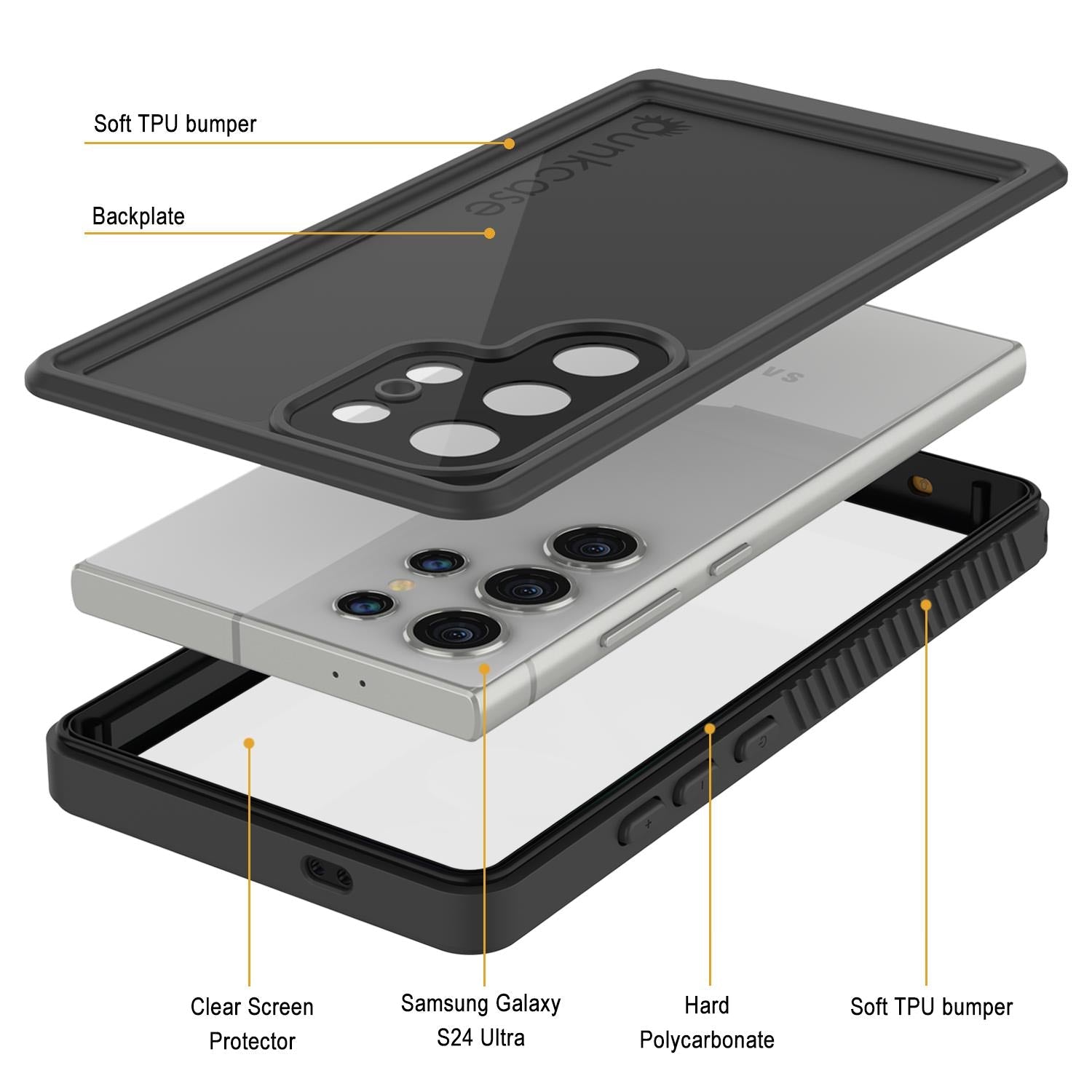 Galaxy S24 Ultra Waterproof Case PunkCase StudStar Black Thin 6.6ft Underwater IP68 Shock/Snow Proof