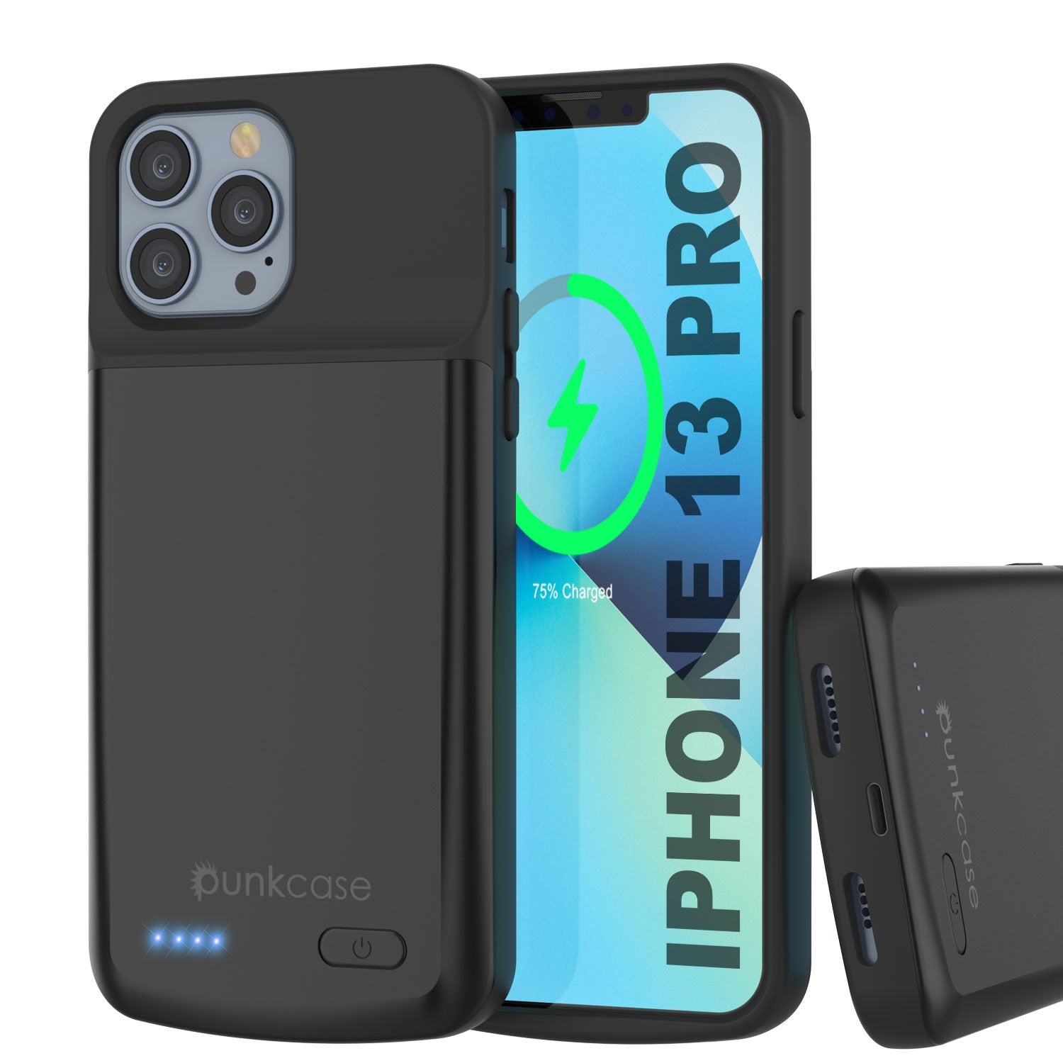 iPhone 13 Pro Battery Case, PunkJuice 4800mAH Fast Charging Power Bank W/ Screen Protector | [Black]