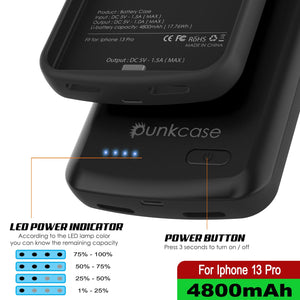 iPhone 13 Pro Battery Case, PunkJuice 4800mAH Fast Charging Power Bank W/ Screen Protector | [Black]