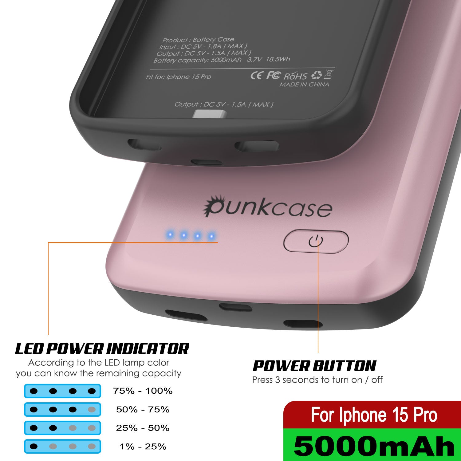 iPhone 16 Pro Battery Case, PunkJuice 5000mAH Fast Charging MagSafe Power Bank W/ Screen Protector | [Rose-Gold]