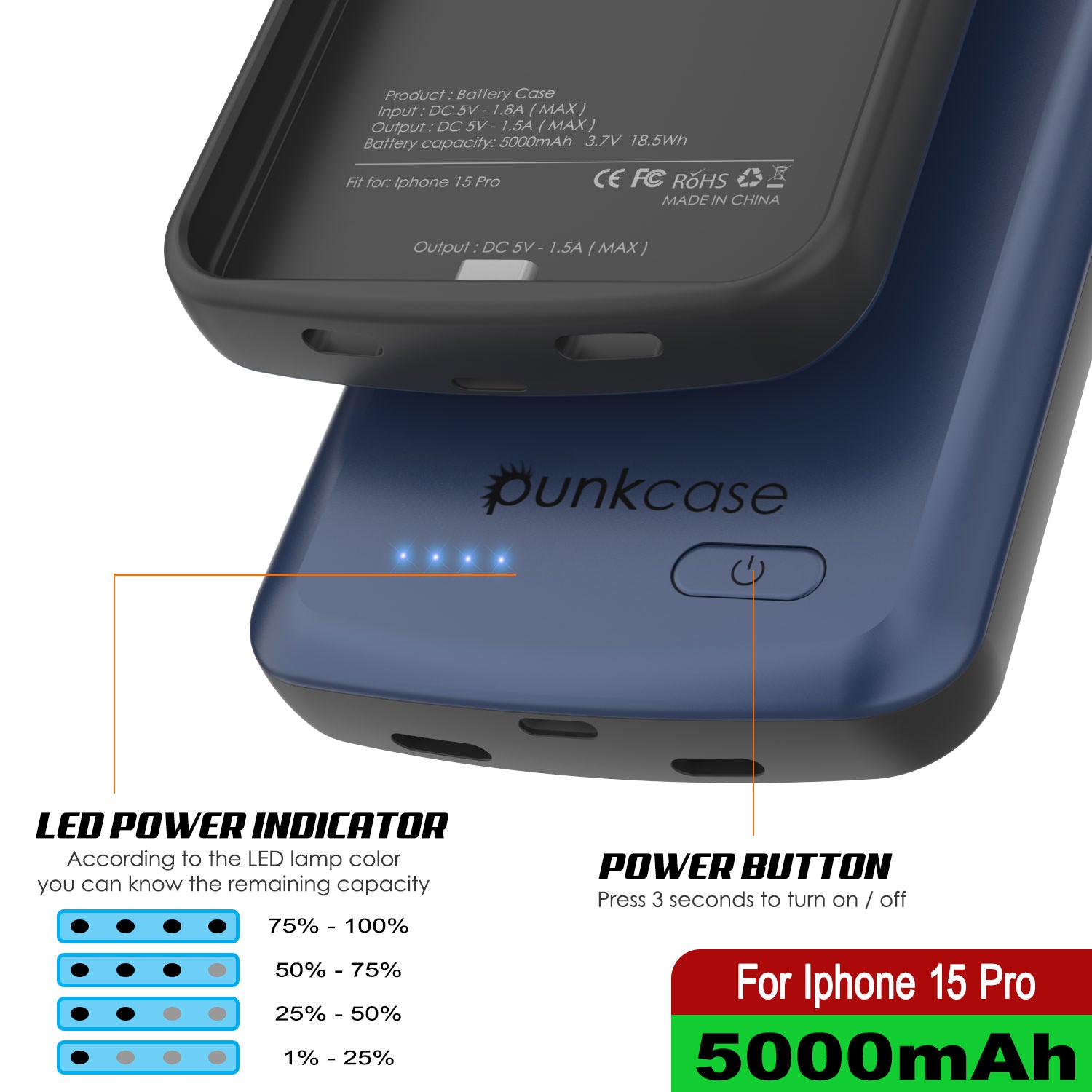 iPhone 15 Pro Battery Case, PunkJuice 5000mAH Fast Charging Power Bank W/ Screen Protector | [Navy Blue]