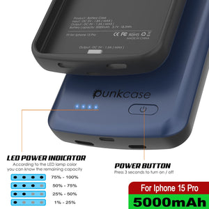 iPhone 15 Pro Battery Case, PunkJuice 5000mAH Fast Charging Power Bank W/ Screen Protector | [Navy Blue]