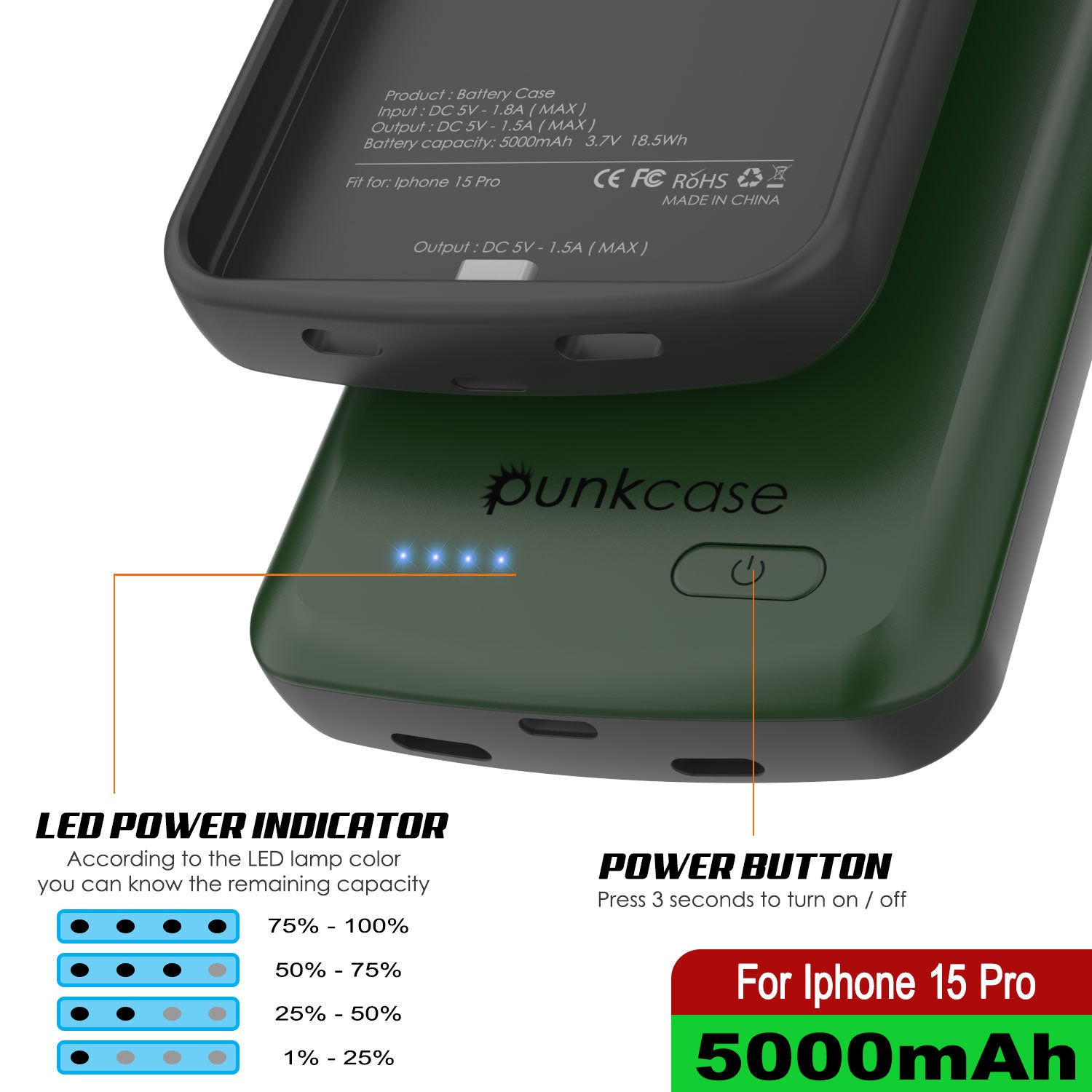 iPhone 16 Pro Battery Case, PunkJuice 5000mAH Fast Charging MagSafe Power Bank W/ Screen Protector | [Green]