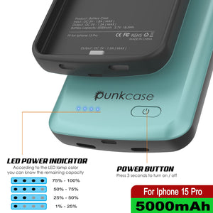 iPhone 15 Pro Battery Case, PunkJuice 5000mAH Fast Charging Power Bank W/ Screen Protector | [Teal]