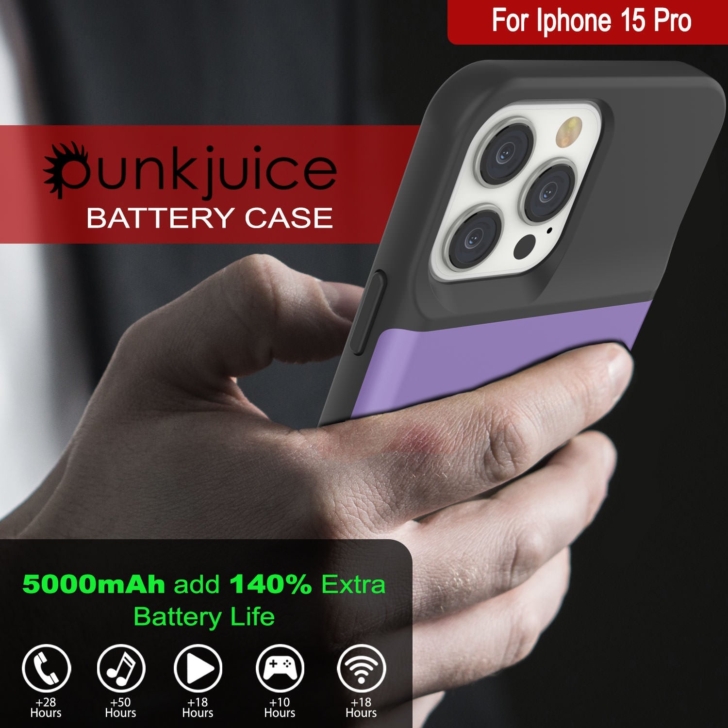 iPhone 15 Pro Battery Case, PunkJuice 5000mAH Fast Charging Power Bank W/ Screen Protector | [Purple]