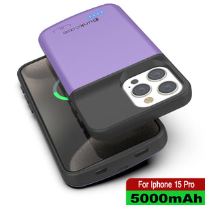 iPhone 15 Pro Battery Case, PunkJuice 5000mAH Fast Charging Power Bank W/ Screen Protector | [Purple]