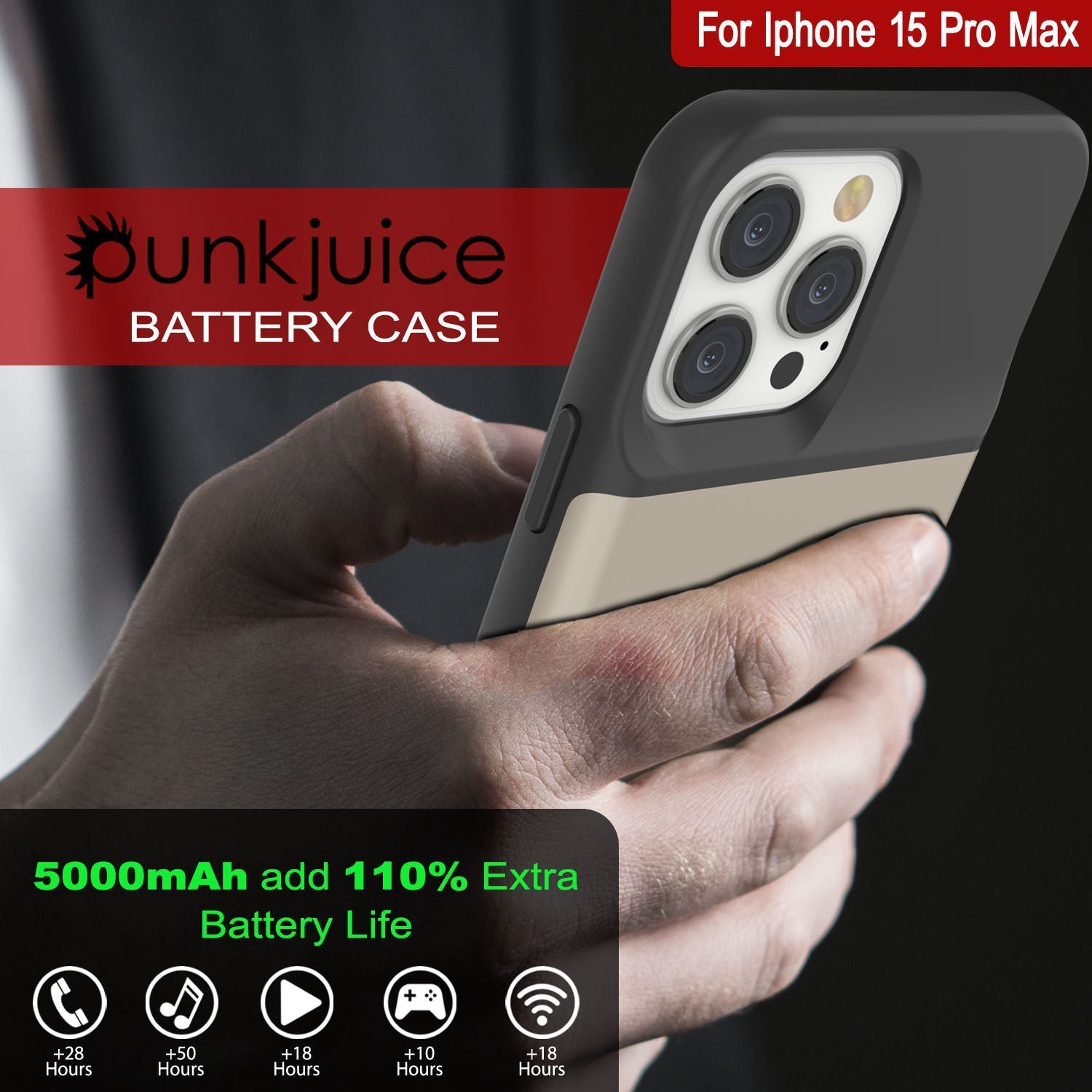 iPhone 16 Pro Max Battery Case, PunkJuice 8000mAH Fast Charging MagSafe Power Bank W/ Screen Protector | [Gold]