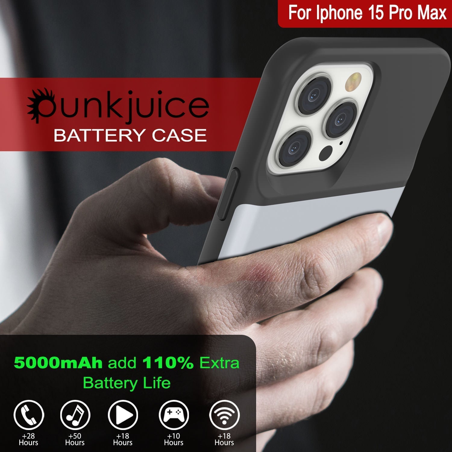 iPhone 16 Pro Max Battery Case, PunkJuice 8000mAH Fast Charging MagSafe Power Bank W/ Screen Protector | [White]