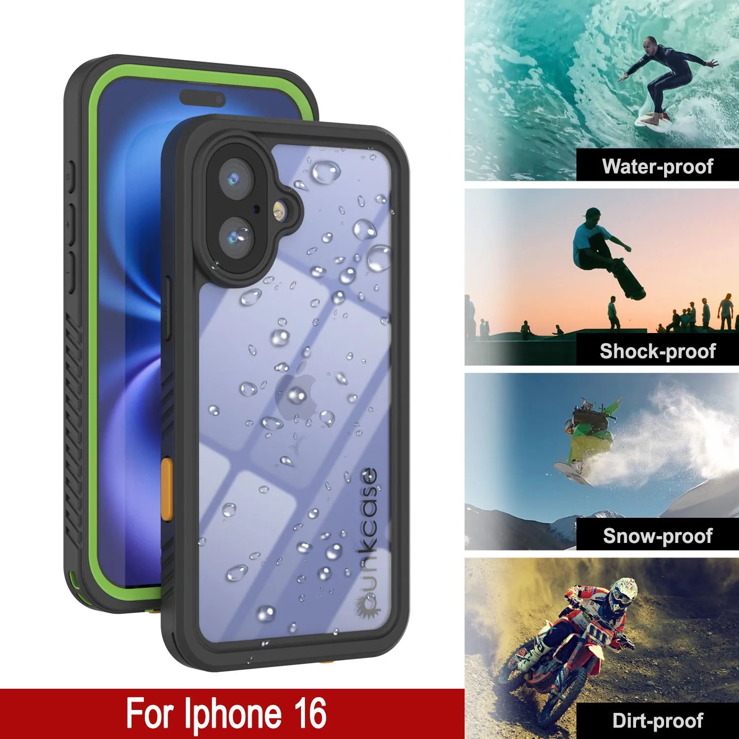 iPhone 16 Waterproof Case, Punkcase [Extreme Series] Armor Cover W/ Built In Screen Protector [Light Green]