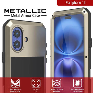 iPhone 16 Metal Case, Heavy Duty Military Grade Armor Cover [shock proof] Full Body Hard [Gold]