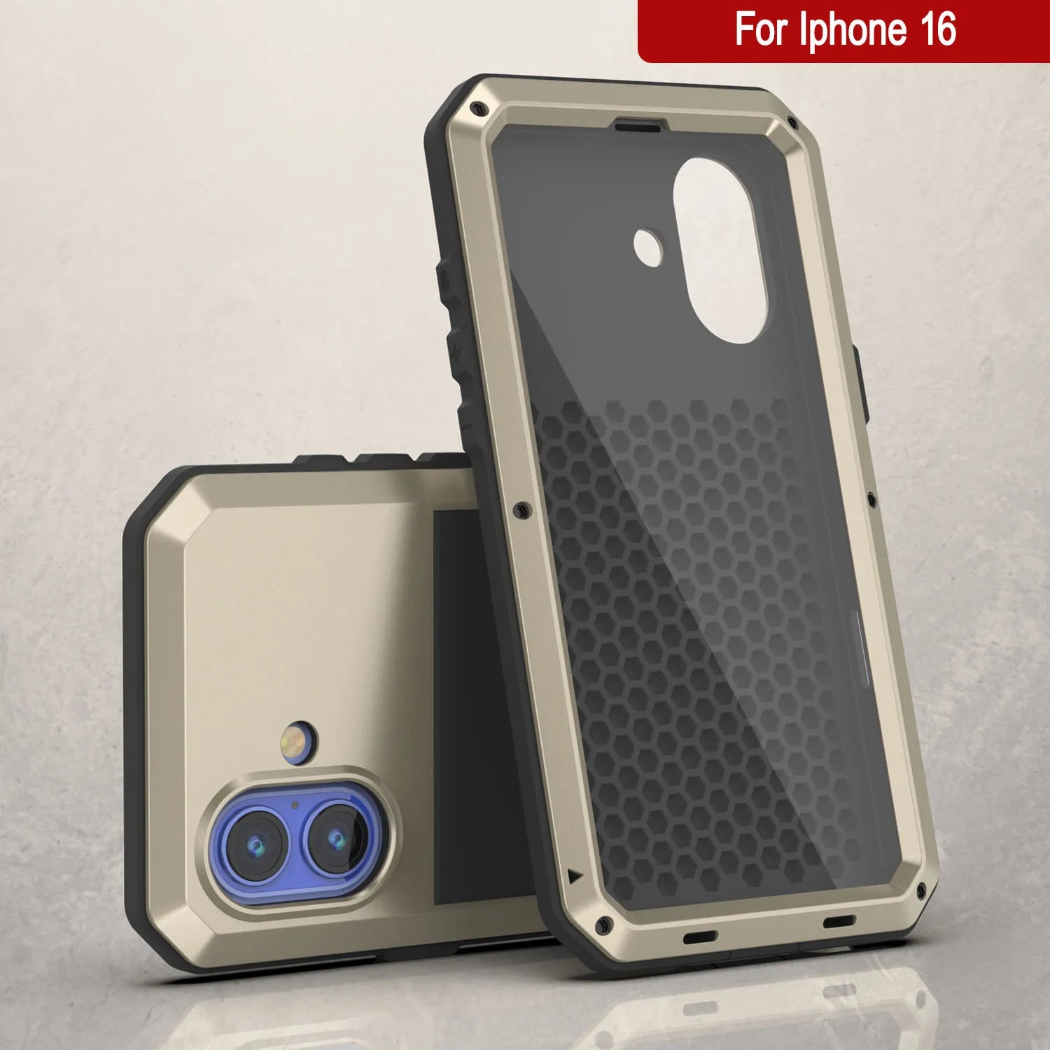 iPhone 16 Metal Case, Heavy Duty Military Grade Armor Cover [shock proof] Full Body Hard [Gold]