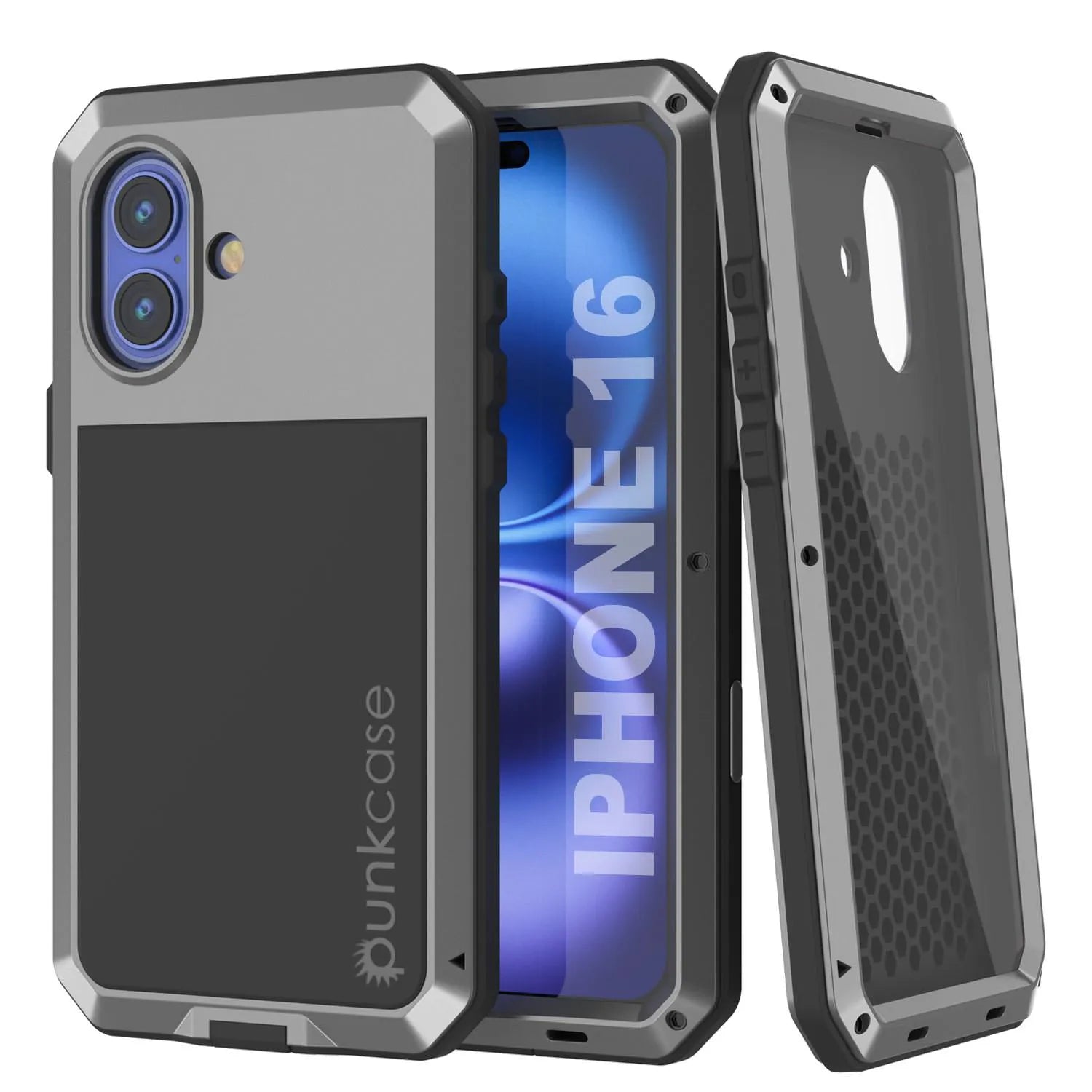 iPhone 16 Metal Case, Heavy Duty Military Grade Armor Cover [shock proof] Full Body Hard [Silver]