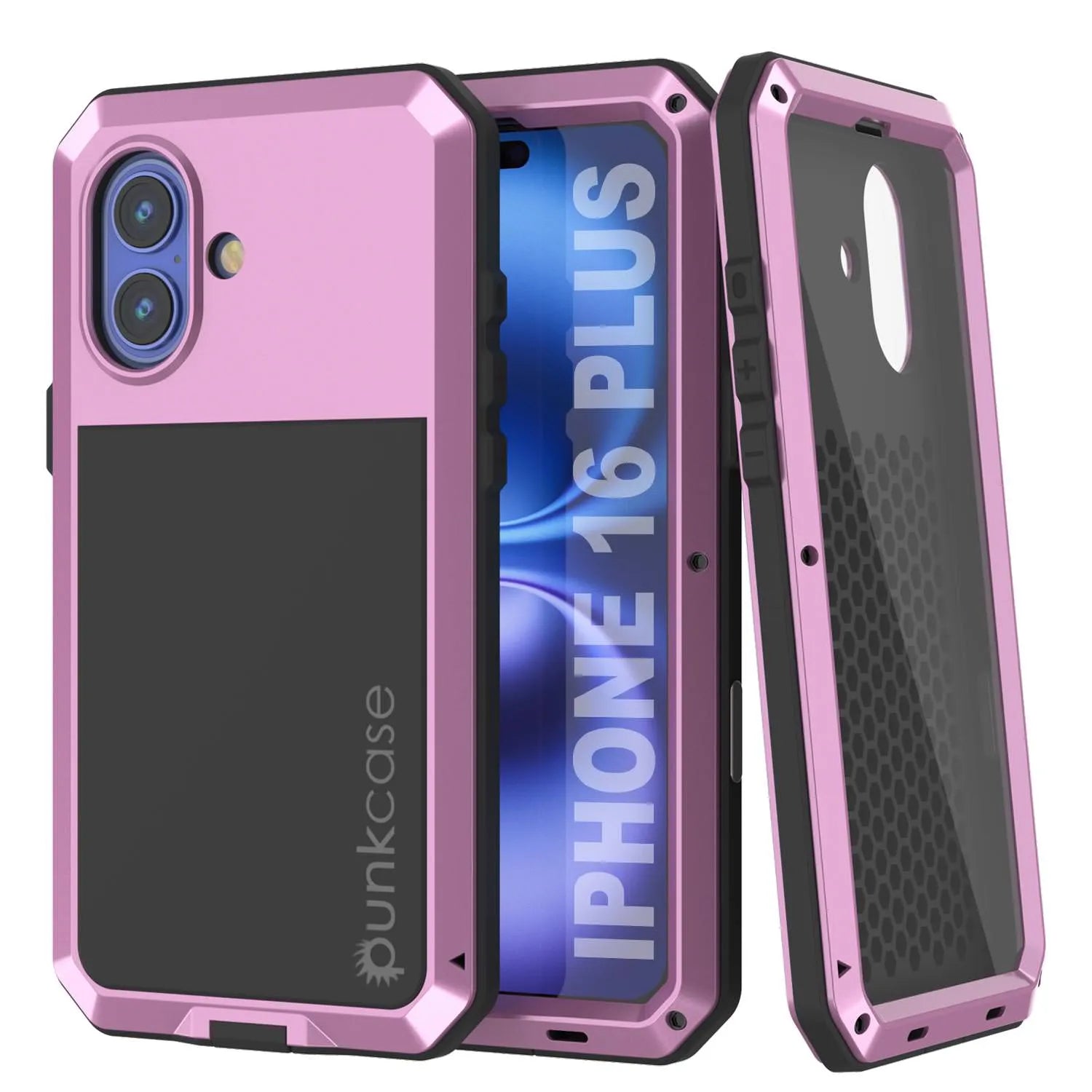 iPhone 16 Plus Metal Case, Heavy Duty Military Grade Armor Cover [shock proof] Full Body Hard [Pink]