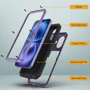 iPhone 16 Plus Metal Case, Heavy Duty Military Grade Armor Cover [shock proof] Full Body Hard [Purple]