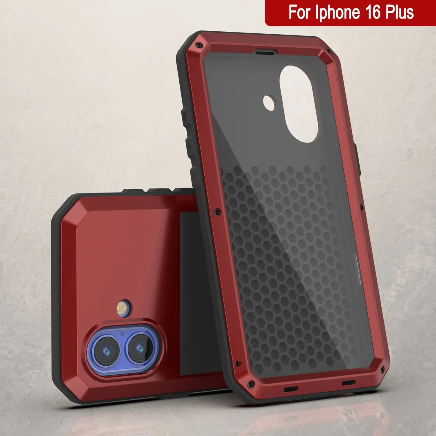 iPhone 16 Plus Metal Case, Heavy Duty Military Grade Armor Cover [shock proof] Full Body Hard [Red]