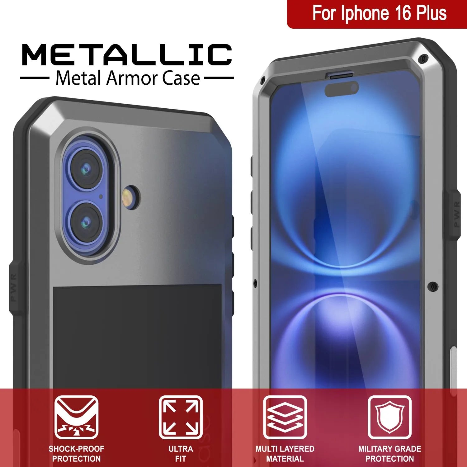 iPhone 16 Plus Metal Case, Heavy Duty Military Grade Armor Cover [shock proof] Full Body Hard [Silver]