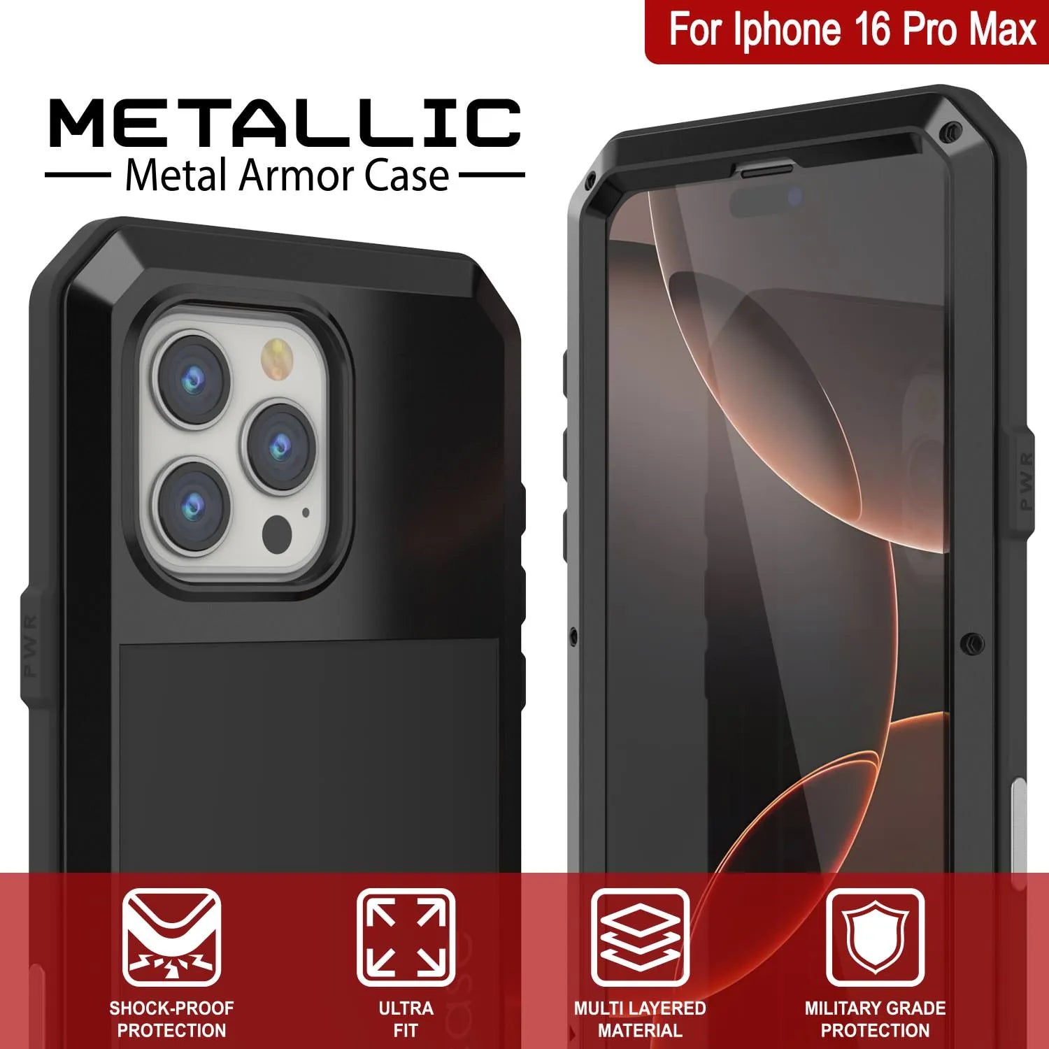 iPhone 16 Pro Max Metal Case, Heavy Duty Military Grade Armor Cover [shock proof] Full Body Hard [Black]