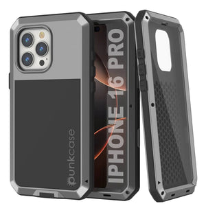 iPhone 16 Pro Metal Case, Heavy Duty Military Grade Armor Cover [shock proof] Full Body Hard [Silver]