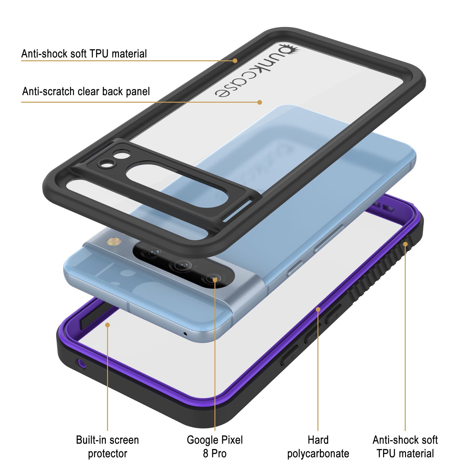 Google Pixel 9 Pro Waterproof Case, Punkcase [Extreme Series] Armor Cover W/ Built In Screen Protector [Purple]