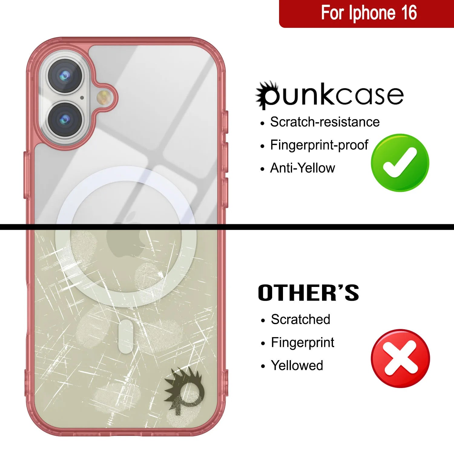 Punkcase iPhone 16 Magnetic Wireless Charging Case [ClearMag Series][Red]