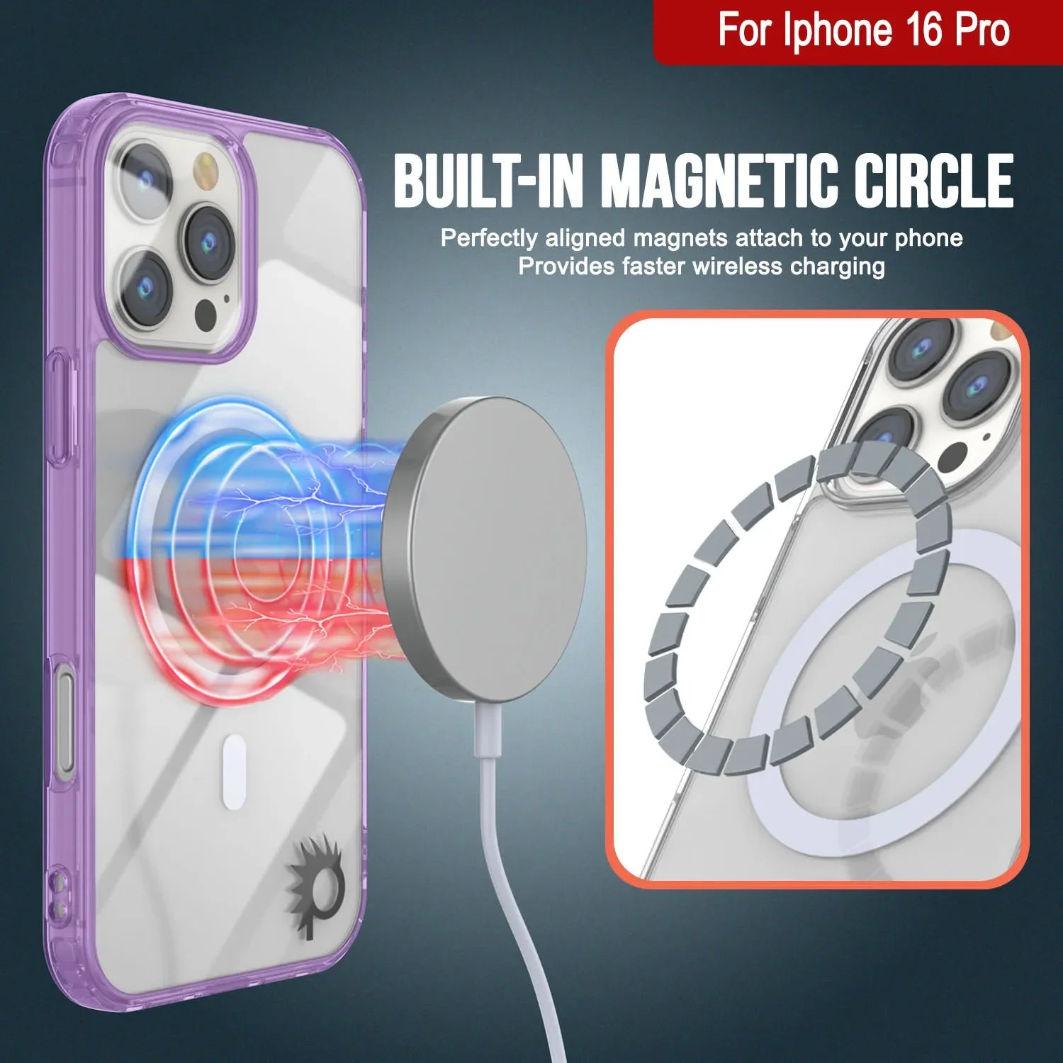 Punkcase iPhone 16 Pro Magnetic Wireless Charging Case [ClearMag Series][Purple]