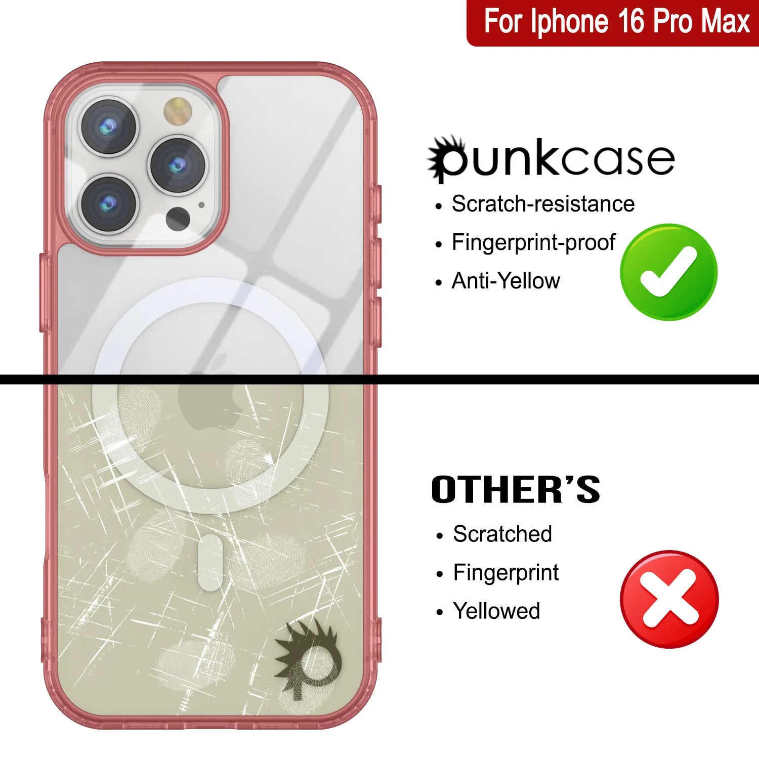 Punkcase iPhone 16 Pro Max Magnetic Wireless Charging Case [ClearMag Series][Red]