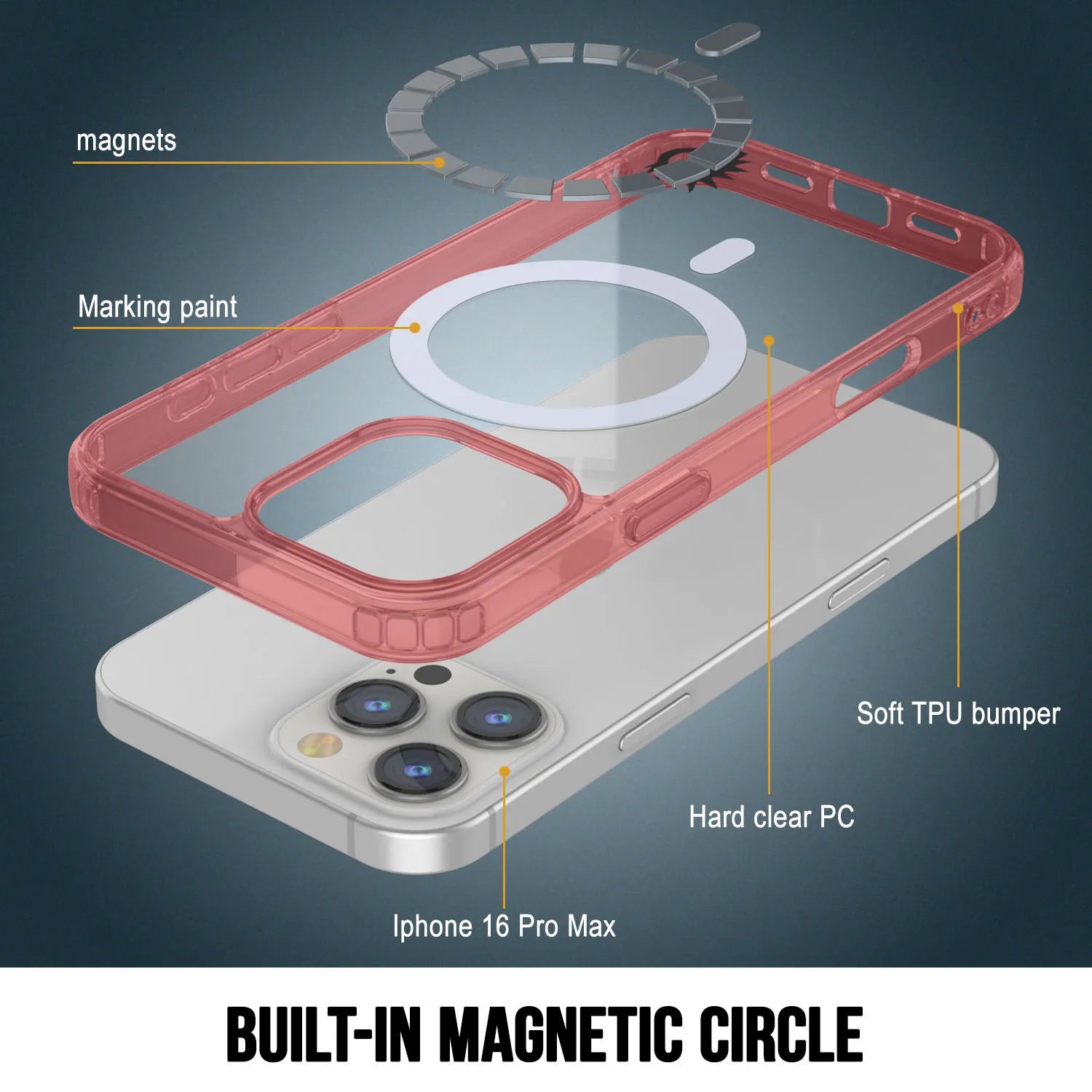 Punkcase iPhone 16 Pro Max Magnetic Wireless Charging Case [ClearMag Series][Red]