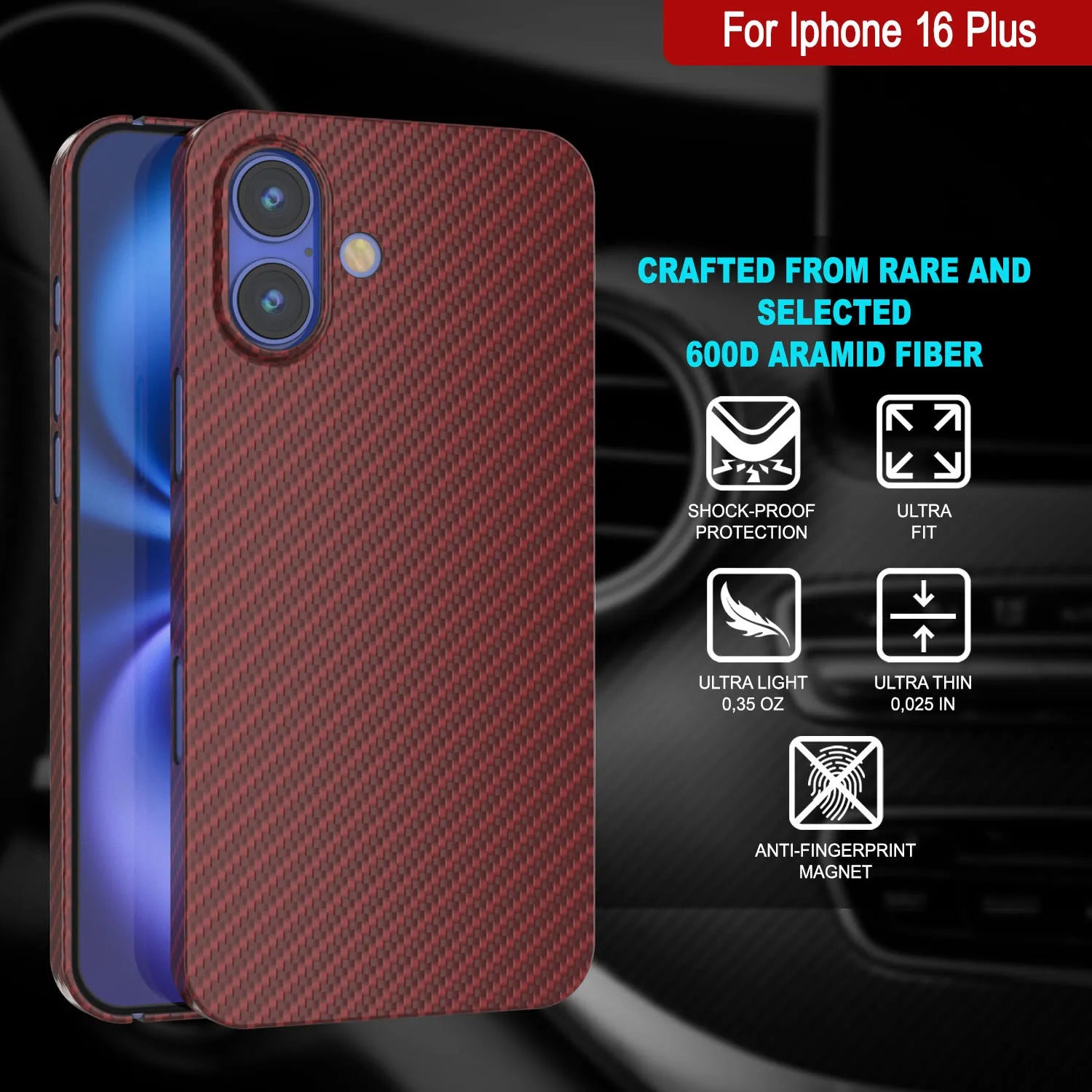 Punkcase iPhone 16 Plus Carbon Fiber Case [AramidShield Series] Ultra Slim & Light Kevlar [Red]