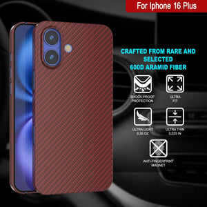 Punkcase iPhone 16 Plus Carbon Fiber Case [AramidShield Series] Ultra Slim & Light Kevlar [Red]