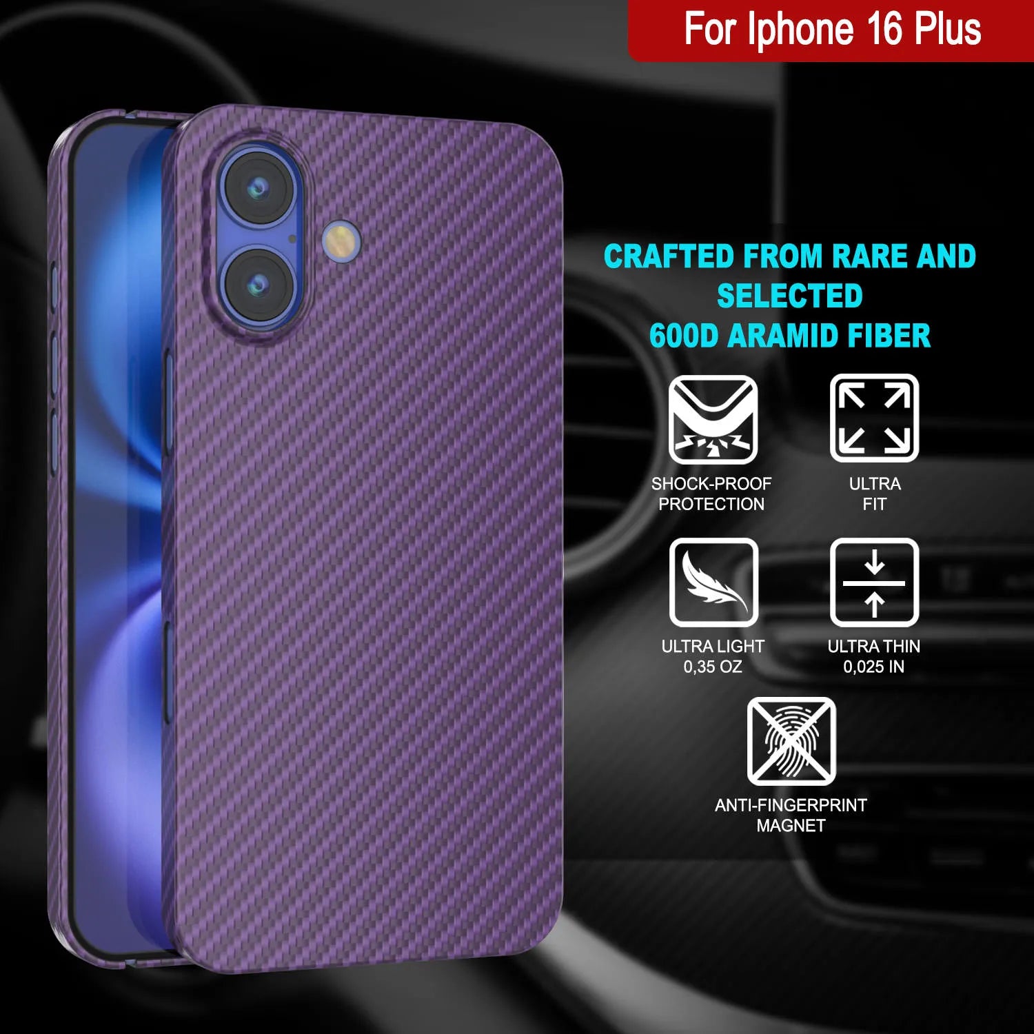 Punkcase iPhone 16 Plus Carbon Fiber Case [AramidShield Series] Ultra Slim & Light Kevlar [Purple]