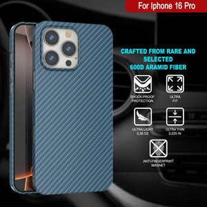 Punkcase iPhone 16 Pro Carbon Fiber Case [AramidShield Series] Ultra Slim & Light Kevlar [Blue]