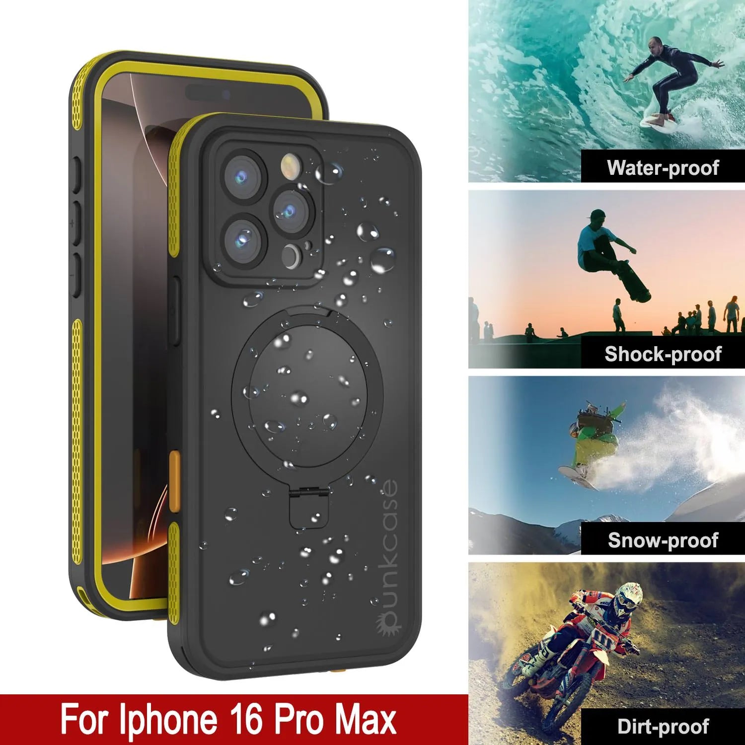 iPhone 16 Pro Max Waterproof Case [Kickstud 2.0 Series] Protective IP68 Cover W/Screen Protector & Kickstand (Yellow)