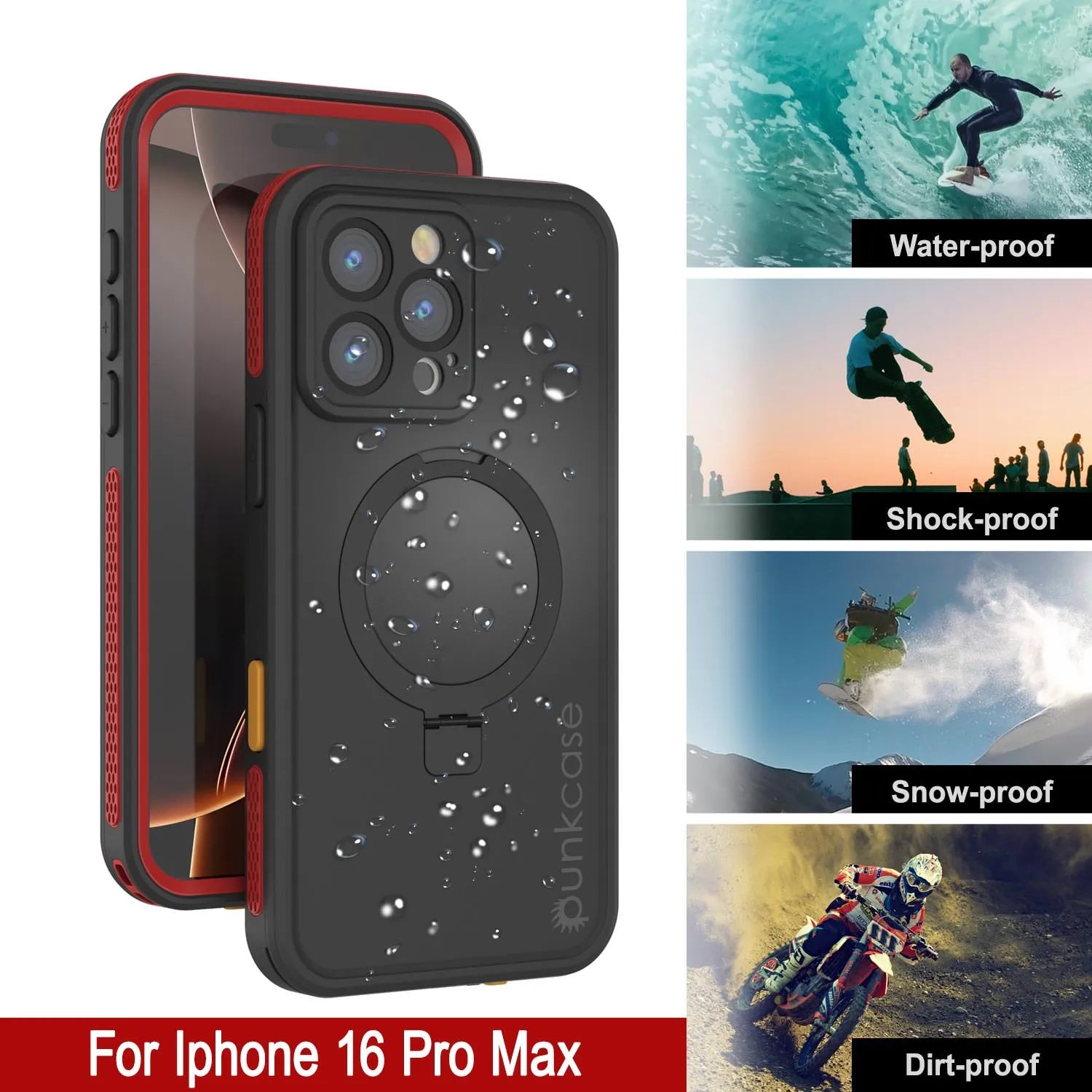 iPhone 16 Pro Max Waterproof Case [Kickstud 2.0 Series] Protective IP68 Cover W/Screen Protector & Kickstand [Red]