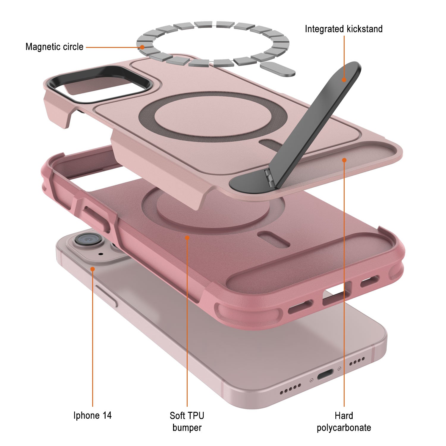 PunkCase iPhone 14 Case, [Spartan X Series] Rugged Heavy Duty Cover W/Kickstand+MagRing [pink]