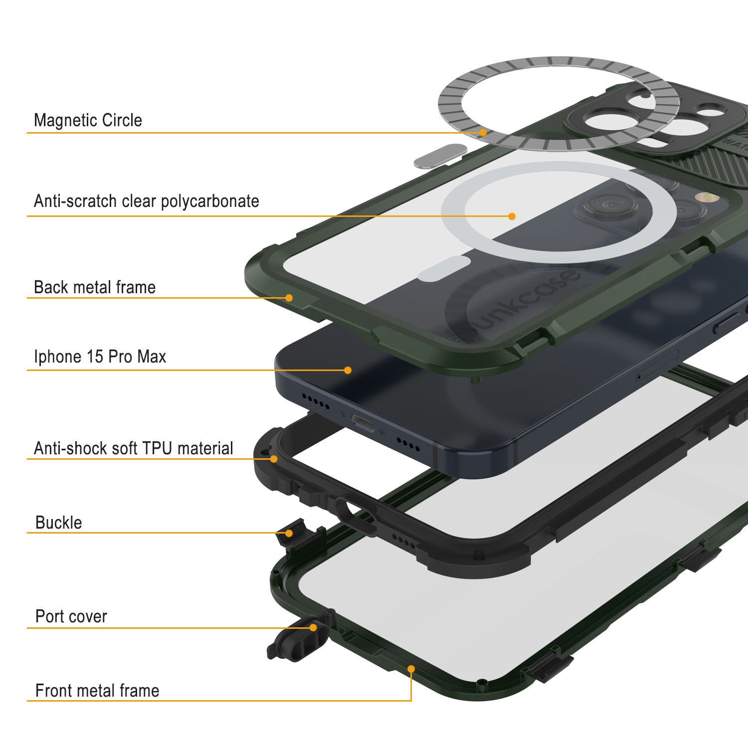 iPhone 16 Pro Max Metal Extreme 2.0 Series Aluminum Waterproof Case IP68 W/Buillt in Screen Protector [Dark Green]