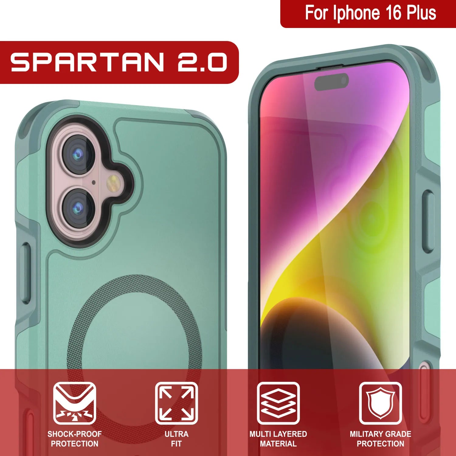 PunkCase iPhone 16 Plus Case, [Spartan 2.0 Series] Clear Rugged Heavy Duty Cover W/Built in Screen Protector [teal]