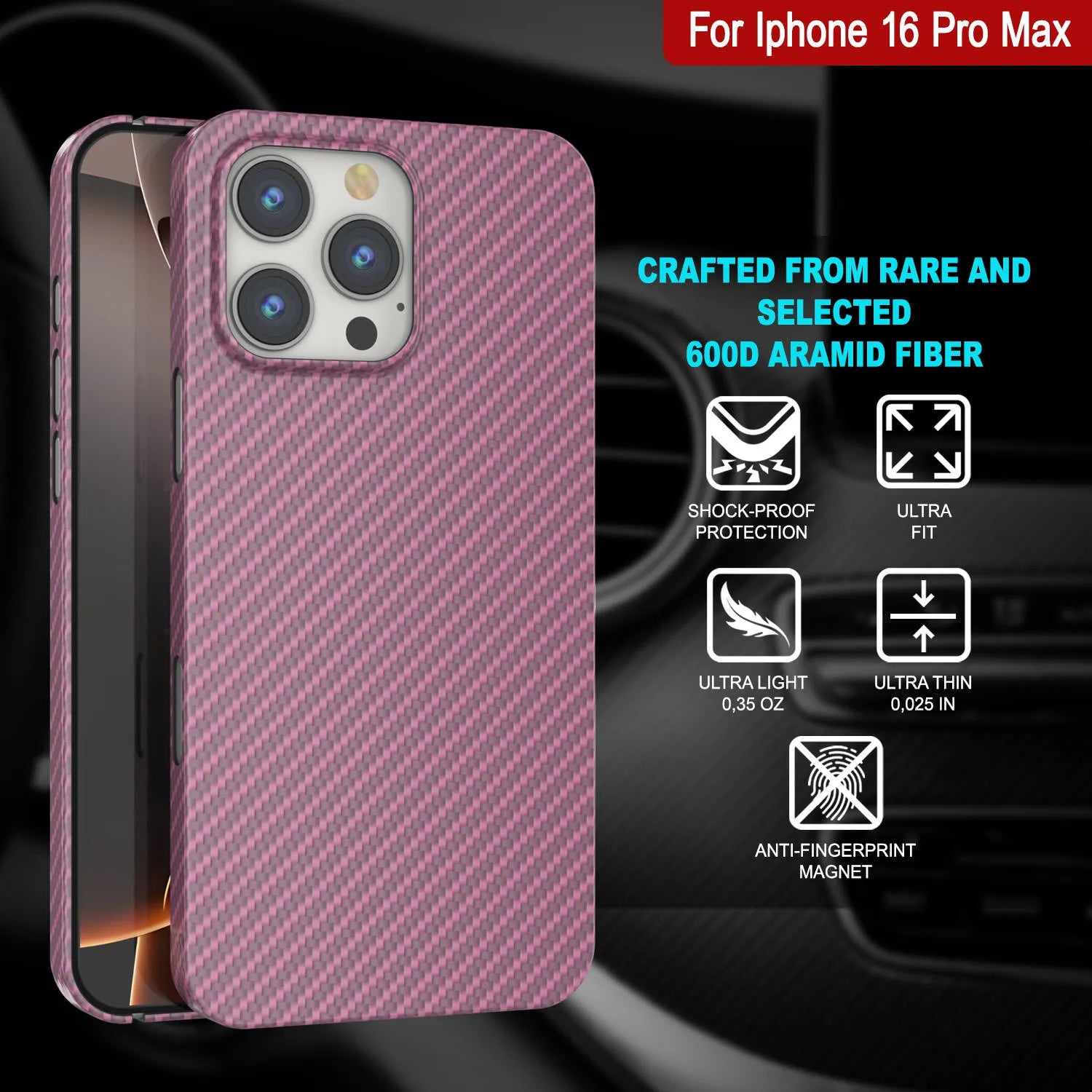 Punkcase iPhone 16 Pro Max Carbon Fiber Case [AramidShield Series] Ultra Slim & Light Kevlar [Pink]