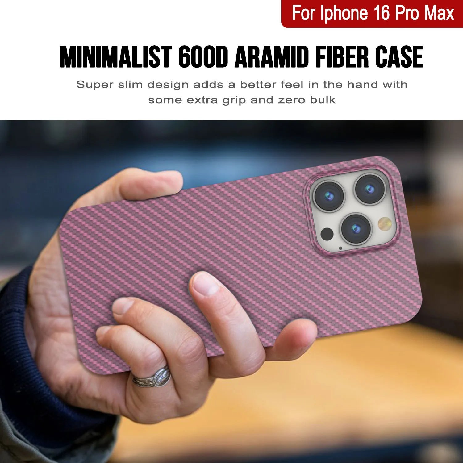 Punkcase iPhone 16 Pro Max Carbon Fiber Case [AramidShield Series] Ultra Slim & Light Kevlar [Pink]