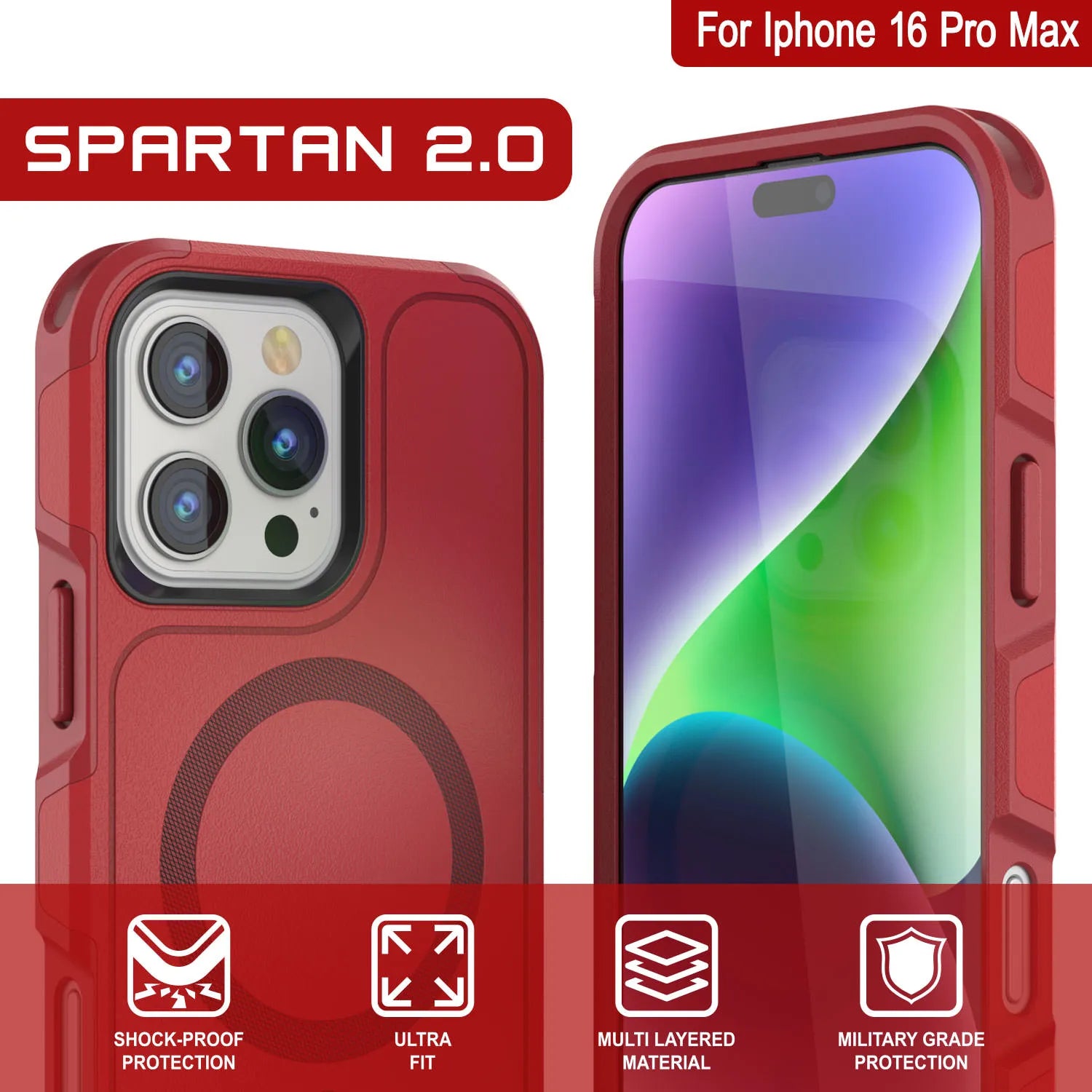 PunkCase iPhone 16 Pro Max Case, [Spartan 2.0 Series] Clear Rugged Heavy Duty Cover W/Built in Screen Protector [red]