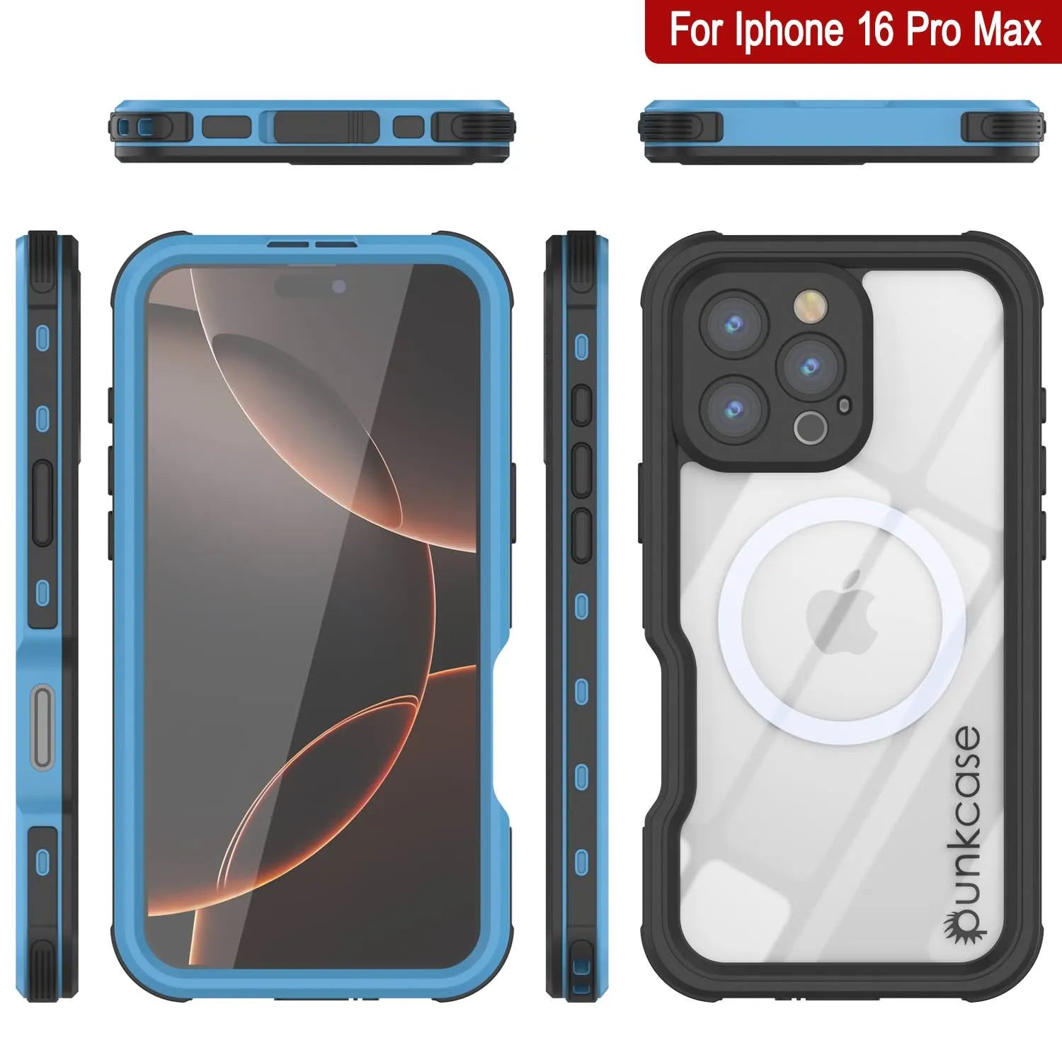 iPhone 16 Pro Max Waterproof IP68 Case, Punkcase [Light blue] [StudStar Series] [Slim Fit] [Dirtproof]